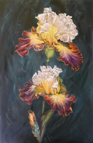 Painting titled "Les iris" by Muriel Henry, Original Artwork, Oil Mounted on Wood Stretcher frame