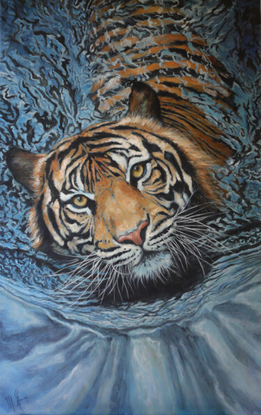 Painting titled "Tigre" by Muriel Henry, Original Artwork, Oil Mounted on Wood Stretcher frame