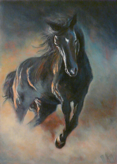 Painting titled "Cheval" by Muriel Henry, Original Artwork, Oil Mounted on Wood Panel