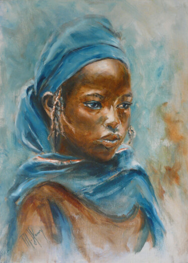 Painting titled "Jeune fille au turb…" by Muriel Henry, Original Artwork, Oil Mounted on Wood Stretcher frame