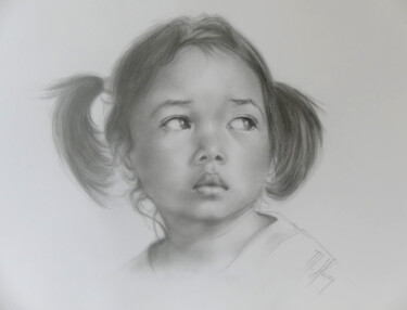 Drawing titled "Petite fille d'Asie" by Muriel Henry, Original Artwork, Graphite