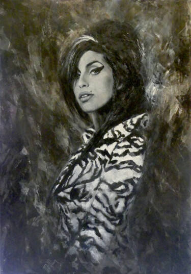 Painting titled "AMY WINEHOUSE" by Muriel Henry, Original Artwork, Oil Mounted on Wood Stretcher frame