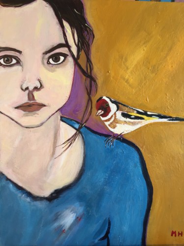 Painting titled "« The goldfinch »" by Muriel Ho Paintings, Original Artwork, Acrylic Mounted on Wood Stretcher frame