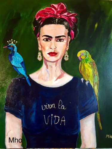 Painting titled "Frida et ses oiseaux" by Muriel Ho Paintings, Original Artwork, Acrylic Mounted on Wood Stretcher frame