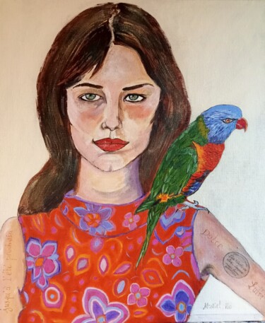 Painting titled "Charlotte au Loriqu…" by Muriel Ho Paintings, Original Artwork, Acrylic Mounted on Wood Stretcher frame