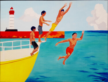 Peinture intitulée "on plonge !" par Muriel Monserisier, Œuvre d'art originale, Acrylique Monté sur Carton
