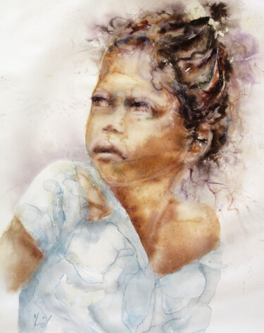 Painting titled "Farouche" by Muriel Mougeolle, Original Artwork, Watercolor Mounted on Wood Stretcher frame