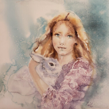 Painting titled "Alice II" by Muriel Mougeolle, Original Artwork, Watercolor Mounted on Wood Stretcher frame