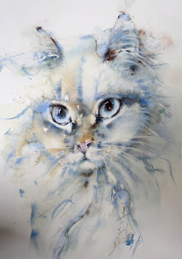 Painting titled "Blue cat" by Muriel Mougeolle, Original Artwork, Watercolor