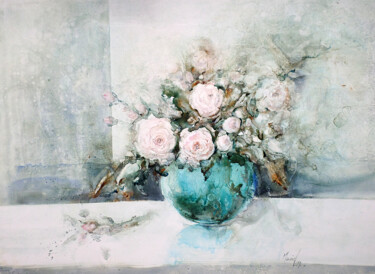 Peinture intitulée "Le vase bleu" par Muriel Mougeolle, Œuvre d'art originale, Aquarelle Monté sur Carton