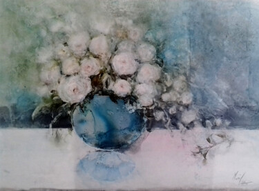 Painting titled "Le vase bleu II" by Muriel Mougeolle, Original Artwork, Watercolor Mounted on Cardboard