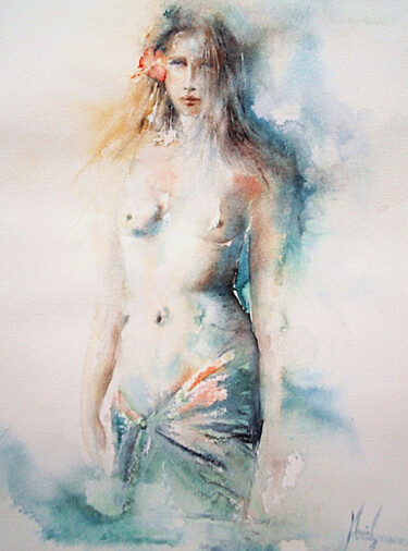 Painting titled "La Dame du lac" by Muriel Mougeolle, Original Artwork, Watercolor