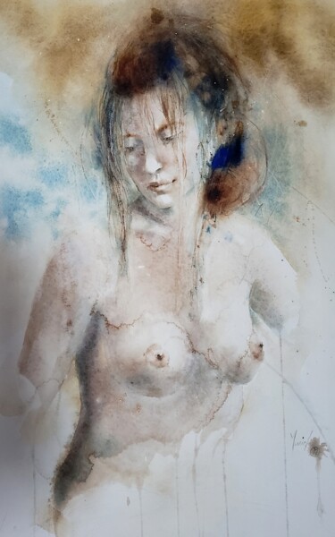 Painting titled "La Madone" by Muriel Mougeolle, Original Artwork, Watercolor Mounted on Cardboard