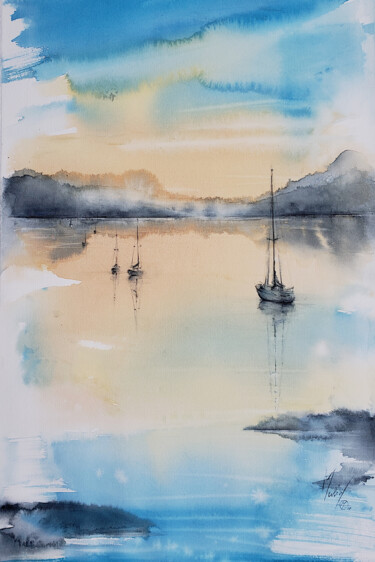 Painting titled "Marine IX" by Muriel Mougeolle, Original Artwork, Watercolor