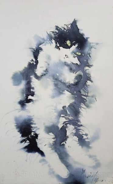 Peinture intitulée "Chat noir et blanc" par Muriel Mougeolle, Œuvre d'art originale, Aquarelle Monté sur Carton