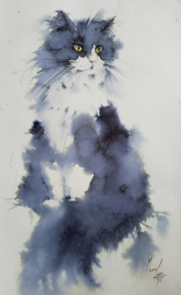 Painting titled "Chat noir et blanc…" by Muriel Mougeolle, Original Artwork, Watercolor