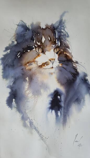 Pintura intitulada "Chat noir et doré" por Muriel Mougeolle, Obras de arte originais, Aquarela