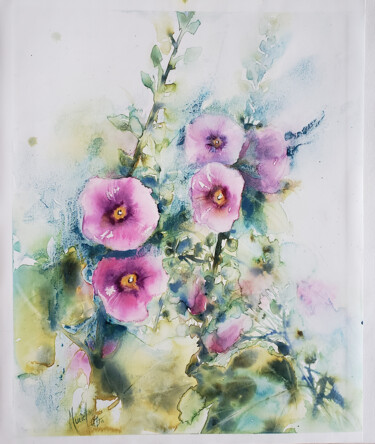 Malerei mit dem Titel "Roses trémières" von Muriel Mougeolle, Original-Kunstwerk, Aquarell