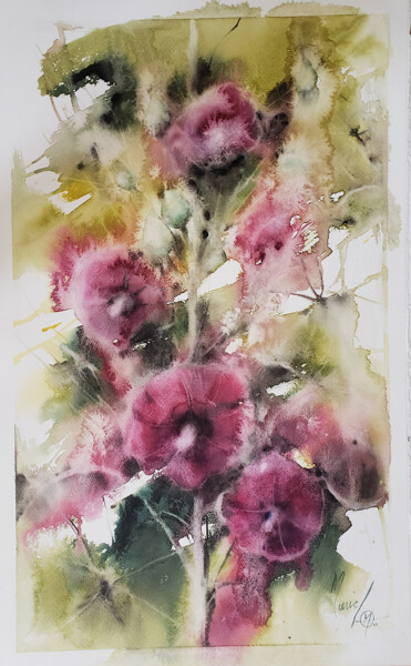 Картина под названием "Roses trémières au…" - Muriel Mougeolle, Подлинное произведение искусства, Акварель