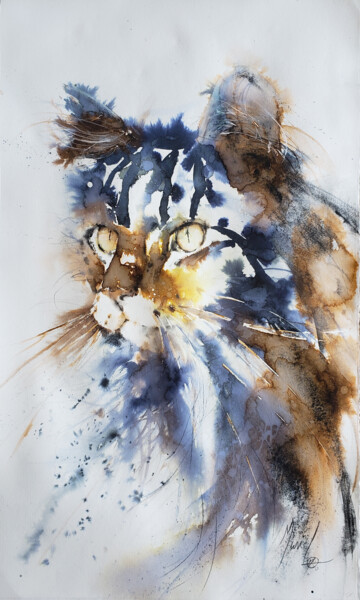 Schilderij getiteld "Chat sauvage" door Muriel Mougeolle, Origineel Kunstwerk, Aquarel