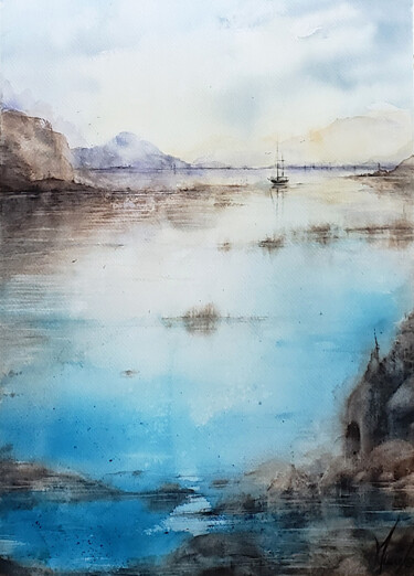 Pintura intitulada "Horizon silencieux" por Muriel Mougeolle, Obras de arte originais, Aquarela