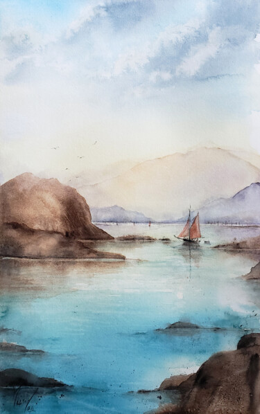 Painting titled "L'île aux songes" by Muriel Mougeolle, Original Artwork, Watercolor