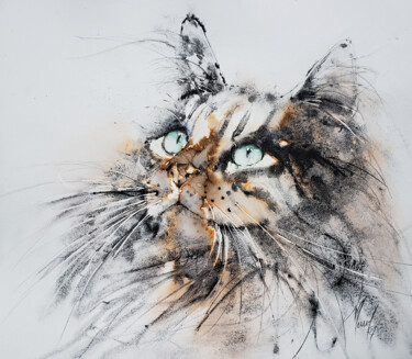 Malerei mit dem Titel "Rêve de chat" von Muriel Mougeolle, Original-Kunstwerk, Aquarell