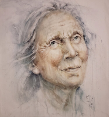 Malerei mit dem Titel "Jane Goodall ou Pai…" von Muriel Mougeolle, Original-Kunstwerk, Aquarell Auf Keilrahmen aus Holz mont…
