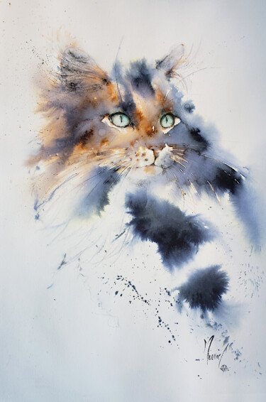 Ζωγραφική με τίτλο "Sweet cat" από Muriel Mougeolle, Αυθεντικά έργα τέχνης, Ακουαρέλα