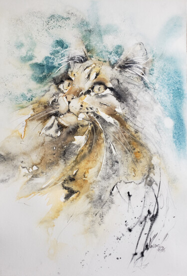 Pintura intitulada "Chat rêveur" por Muriel Mougeolle, Obras de arte originais, Aquarela