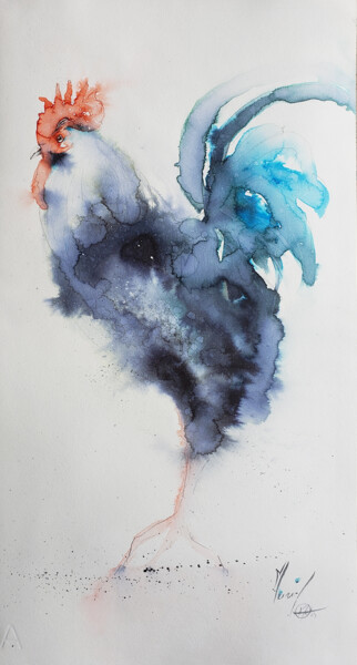 Ζωγραφική με τίτλο "Coq bleu" από Muriel Mougeolle, Αυθεντικά έργα τέχνης, Ακουαρέλα