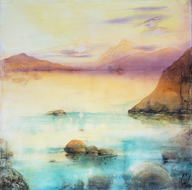 Pintura intitulada "Crépuscule sur l'oc…" por Muriel Mougeolle, Obras de arte originais, Aquarela Montado em Armação em made…