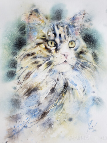 Painting titled "Magic cat" by Muriel Mougeolle, Original Artwork, Watercolor