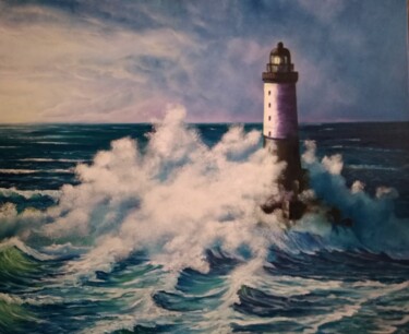 Painting titled "phare en pleine mer" by Muriel Thoreau, Original Artwork, Oil Mounted on Wood Stretcher frame