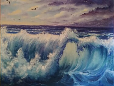 Painting titled "Vagues" by Muriel Thoreau, Original Artwork, Oil Mounted on Wood Stretcher frame