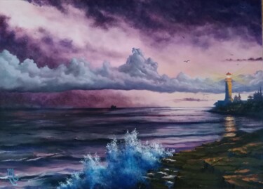 Painting titled "Phare et nuages d'o…" by Muriel Thoreau, Original Artwork, Oil Mounted on Wood Stretcher frame