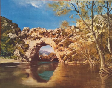 Painting titled "Vallon pont d'Arc" by Muriel Thoreau, Original Artwork, Oil Mounted on Wood Stretcher frame