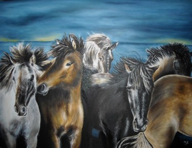 Painting titled "Chevaux au vent" by Muriel Besson-Braem, Original Artwork