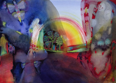 Dessin intitulée "Soleil levant" par Muriel Gabilan, Œuvre d'art originale, Encre Monté sur Carton