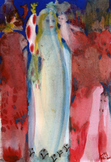 Dessin intitulée "Reine bleue" par Muriel Gabilan, Œuvre d'art originale, Encre
