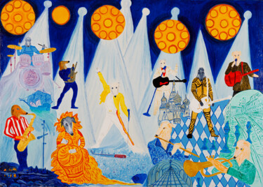 Pintura intitulada "Les Barzoï, rockband" por Murielle Lucie Clément, Obras de arte originais, Óleo