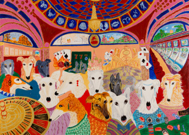 Peinture intitulée "Les Barzoï au casino" par Murielle Lucie Clément, Œuvre d'art originale, Huile