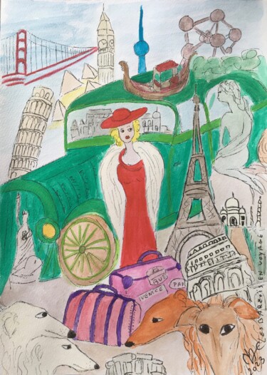 Desenho intitulada "Les Barzoï en voyage" por Murielle Lucie Clément, Obras de arte originais, Aquarela