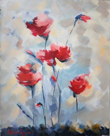 Peinture intitulée "Kırmızı çiçekler" par Mürşide Özyonar, Œuvre d'art originale, Acrylique Monté sur Panneau de bois
