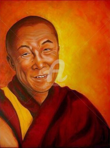 Painting titled "TENZIN GYATSO" by Muryelle Faure, Original Artwork, Oil Mounted on Wood Stretcher frame