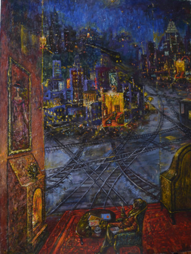 Painting titled "Home away from home" by Askar Karimov, Original Artwork, Oil Mounted on Wood Stretcher frame