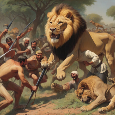Arte digital titulada "Stop hunting lions" por Mustansar Abbas, Obra de arte original, Imagen generada por IA