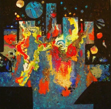 Malerei mit dem Titel "Party im All" von Yavuz Isler, Original-Kunstwerk, Acryl