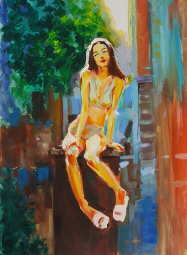 Schilderij getiteld "cöptenekesinde otur…" door Muzaffer Bulut, Origineel Kunstwerk, Olie