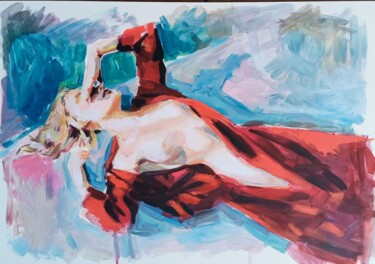 Schilderij getiteld "Nü kırmızı elbise" door Muzaffer Bulut, Origineel Kunstwerk, Olie